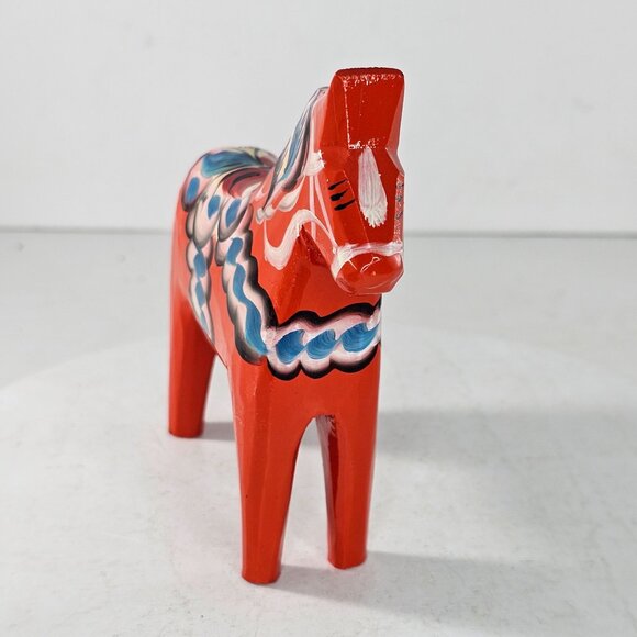 Swedish Dala Horse Figurine 5" Hand-Painted Nils Olsson Red Blue Folk Art Decor - Picture 4 of 9